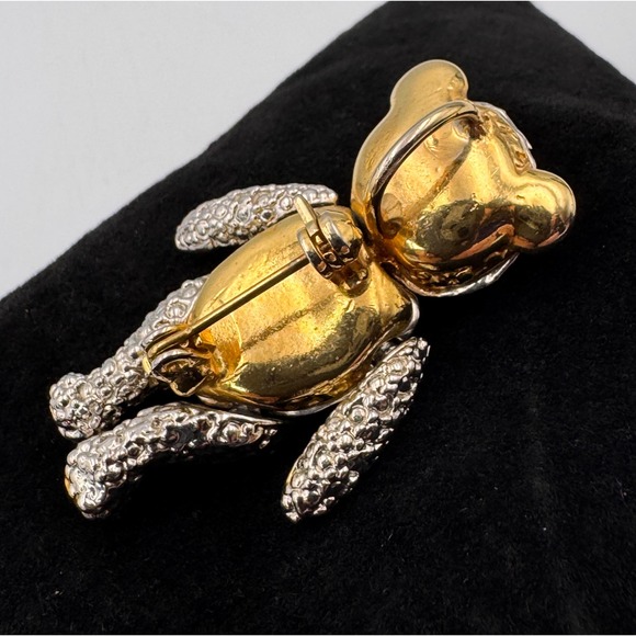 Vintage Silver Gold Tone Articulated Teddy Bear Pendant Brooch Blue Crystal Eyes - Picture 5 of 10